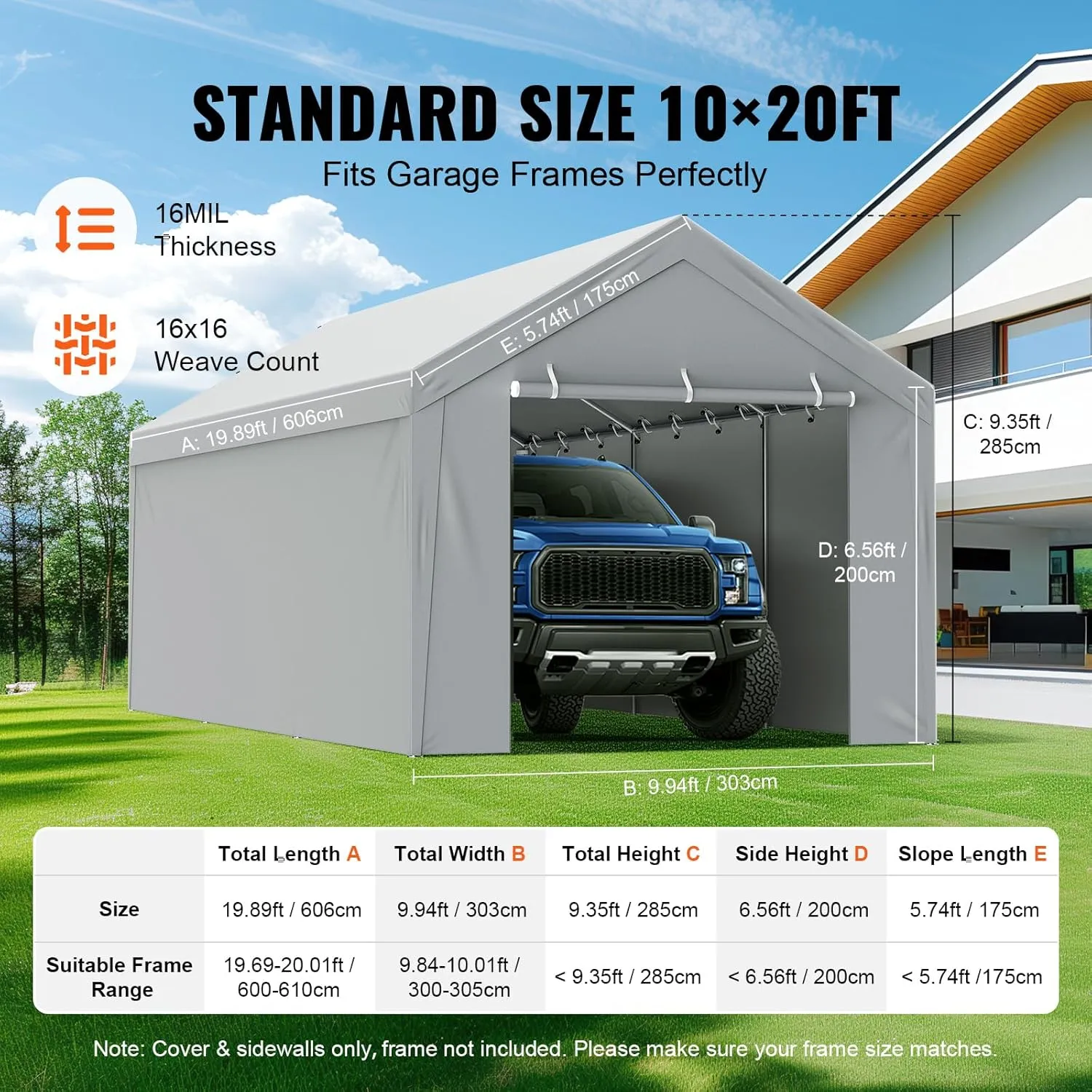 VEVOR Carport Replacement Canopy Cover Top   Side Wall 10 x 20 ft, Garage Tent Shelter Tarp Heavy-Duty Waterproof & UV Protected, Easy Installation with Ball Bungees,Grey (Frame Not Included)