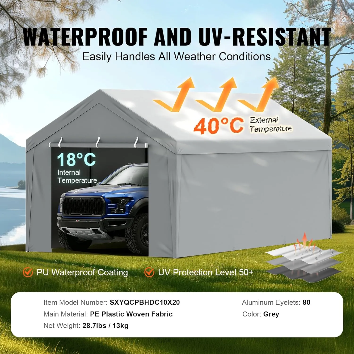 VEVOR Carport Replacement Canopy Cover Top   Side Wall 10 x 20 ft, Garage Tent Shelter Tarp Heavy-Duty Waterproof & UV Protected, Easy Installation with Ball Bungees,Grey (Frame Not Included)