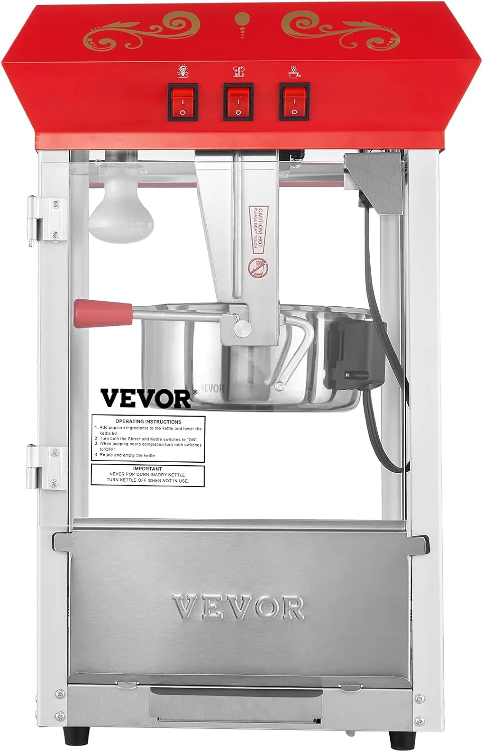 VEVOR Commercial Popcorn Machine, 8 Oz Kettle, 850 W Countertop Popcorn Maker for 48 Cups per Batch, Theater Style Popper with 3-Switch Control Steel Frame Tempered Glass Doors 2 Scoops 2 Spoons, Red