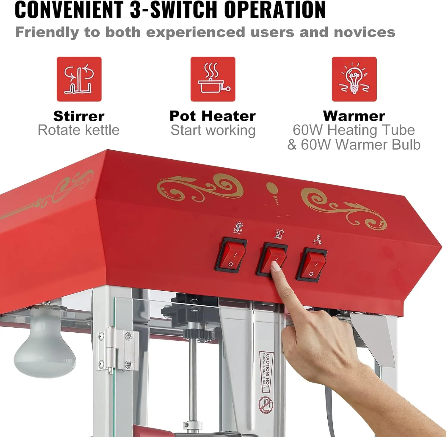 VEVOR Commercial Popcorn Machine, 8 Oz Kettle, 850 W Countertop Popcorn Maker for 48 Cups per Batch, Theater Style Popper with 3-Switch Control Steel Frame Tempered Glass Doors 2 Scoops 2 Spoons, Red