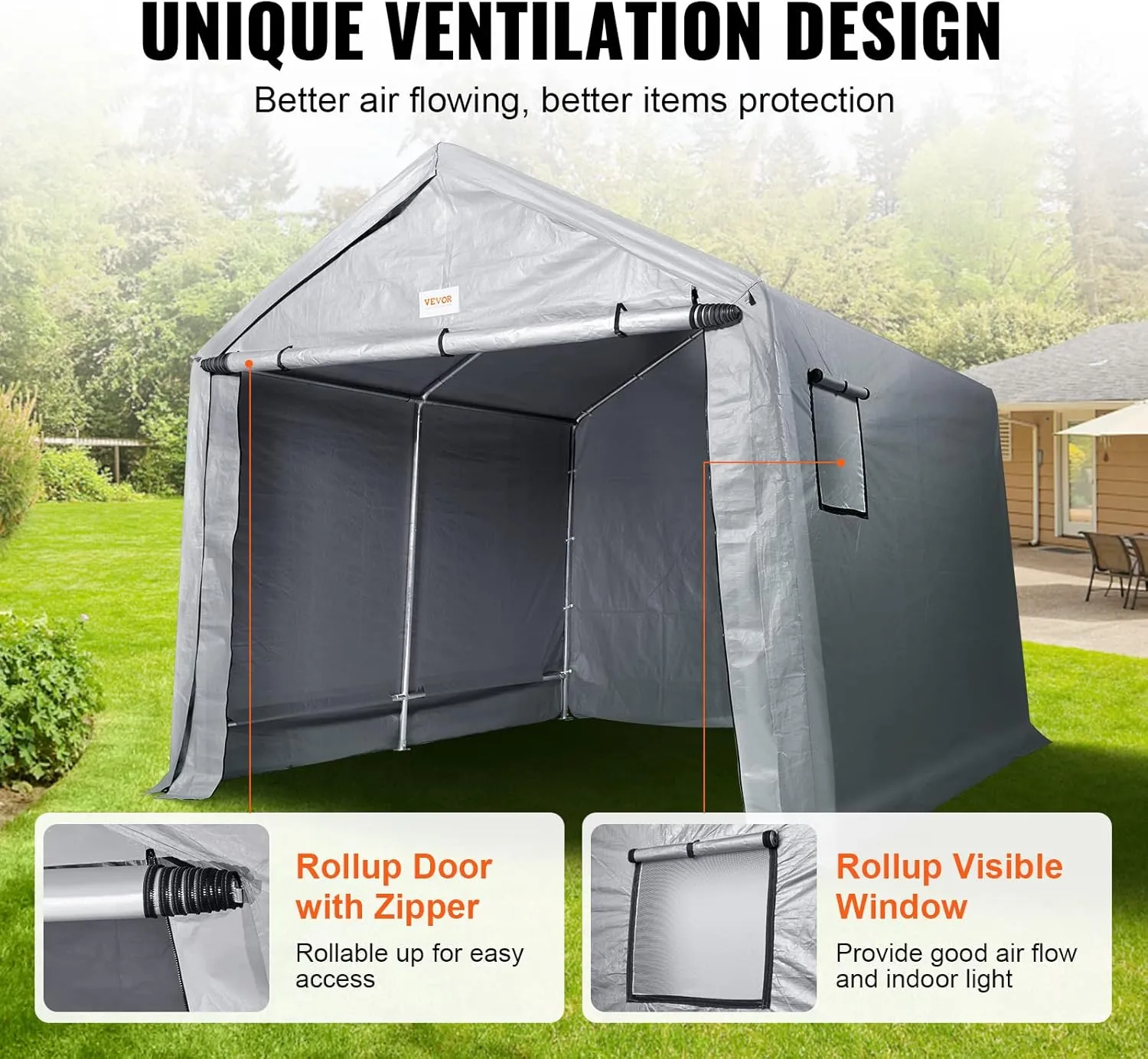 VEVOR Portable Shed Storage Shelter Outdoor, 10x10x8.5 ft Heavy Duty Instant Storage Tent Tarp Sheds with Roll-up Zipper Door and Ventilated Windows for Motorcycle, Bike, Garden Tools