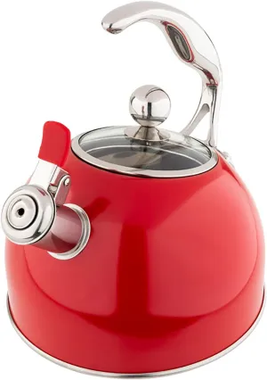 Viking 3-Ply Stainless Steel Tea Kettle, 2.6 Quart, Whistling Hot Water Tea Pot for Stovetop, Tempered Glass Lid and Ergonomic Handle, Induction Ready, Red