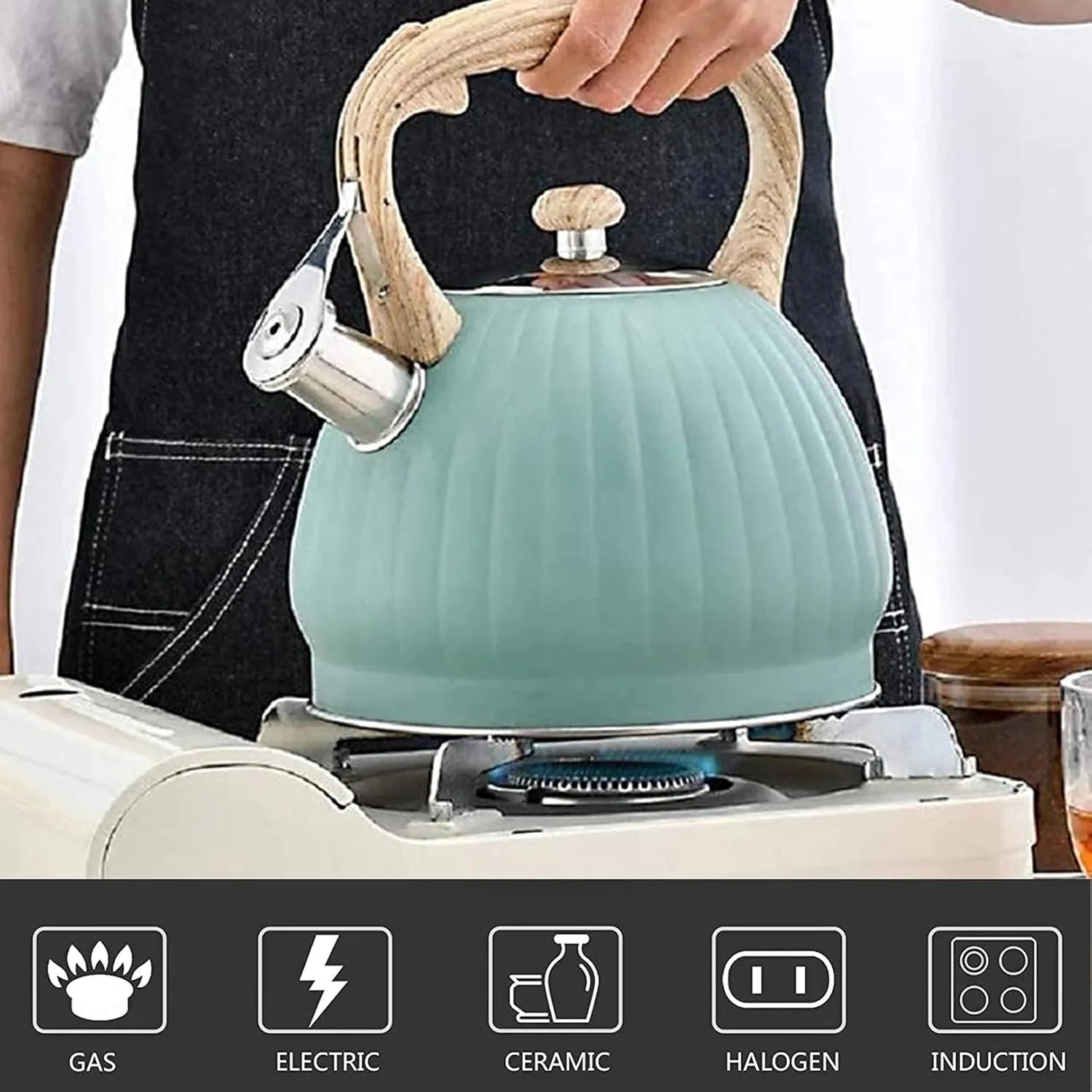 Vilihkc Whistling Stainless Steel Tea Kettle with Wood Grain Anti Heat Handle,3.7 Quart / 3.5 Liter Stainless Steel Tea Kettles,Loud Whistling for Tea,Coffee,Gas Electric Applicable
