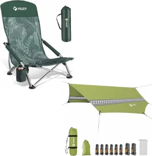 VILLEY Low Beach Chair, High Back Folding Beach Chair for Adults & Hammock Tent Rain Fly, Octagonal Waterproof Camping Tarp
