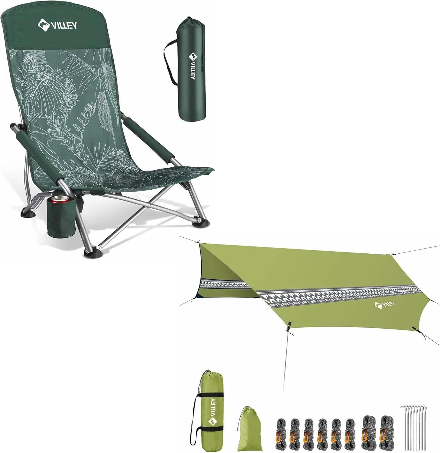 VILLEY Low Beach Chair, High Back Folding Beach Chair for Adults & Hammock Tent Rain Fly, Octagonal Waterproof Camping Tarp