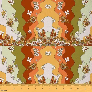 Vintage Boho Bohemian Fabric by The Yard Girls Retro Hippie Flower Daisy Decor Waterproof Outdoor Fabric 60S 70S Groovy Floral Upholstery Fabric for Chairs Groovy Flower Mushroom DIY Fabric, 1 Yard