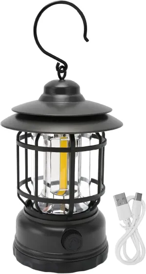 Vintage Camping Lantern, Rechargeable Vintage Camping Lantern IPX4 Waterproof Eye Protection USB Decorative Portable COB Tent Lamp with Hook for Outdoor Camping Hiking (Black)