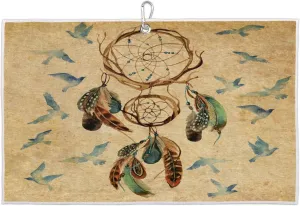 Vintage Watercolor Dreamcatcher Bird Golf Towel with Heavy Duty Carabiner Clip Quick Dry Ultra Absorbent Club Ball Cleaning Towel Golf Accessories for Men Women