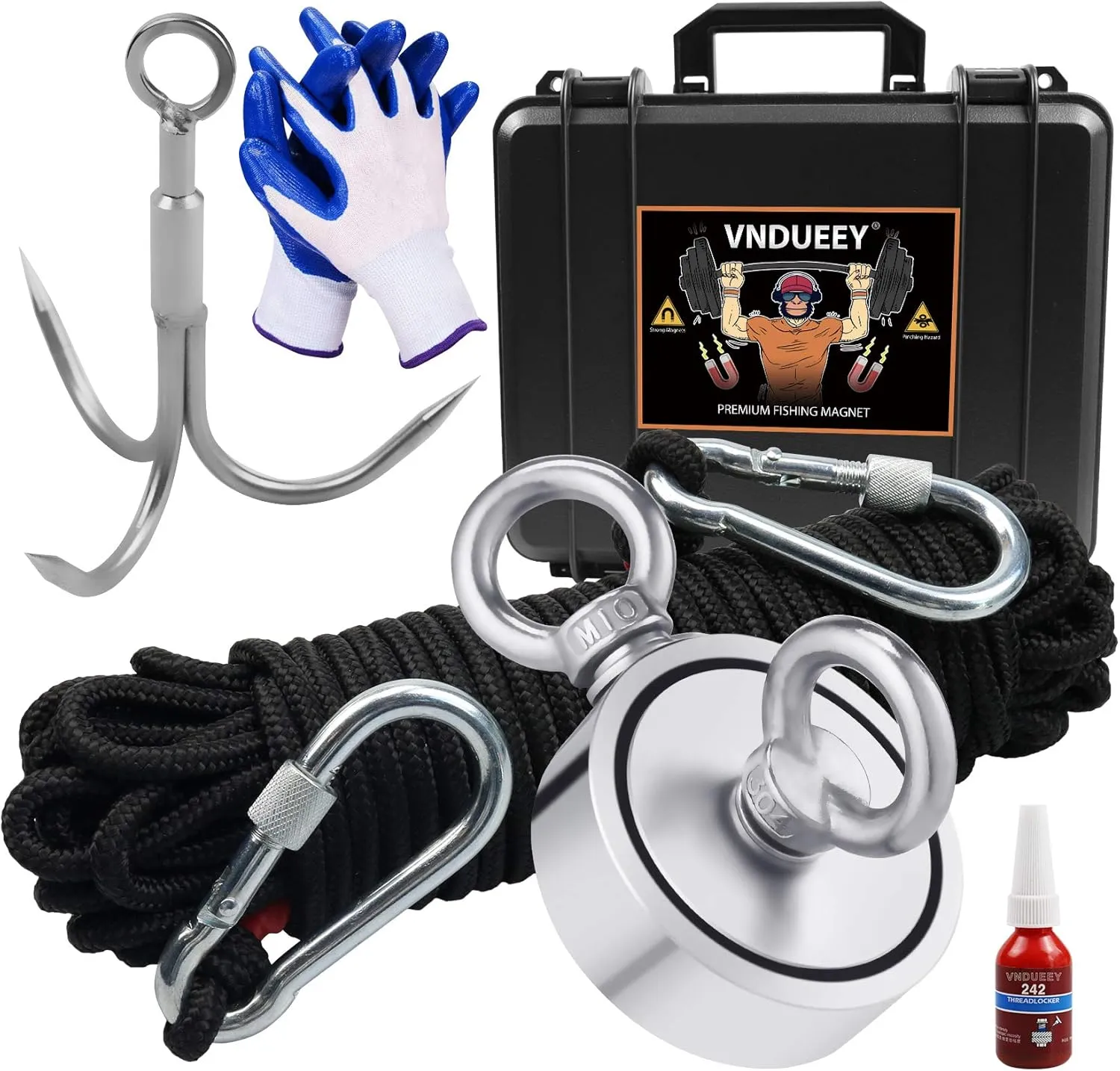 VNDUEEY Fishing Magnet Kit, Fishing Magnets 1000 LBS Pulling-Includes Grappling Hook, Heavy Duty 65FT Rope, Gloves & Locking Carabiner - 2.95inch Diameter