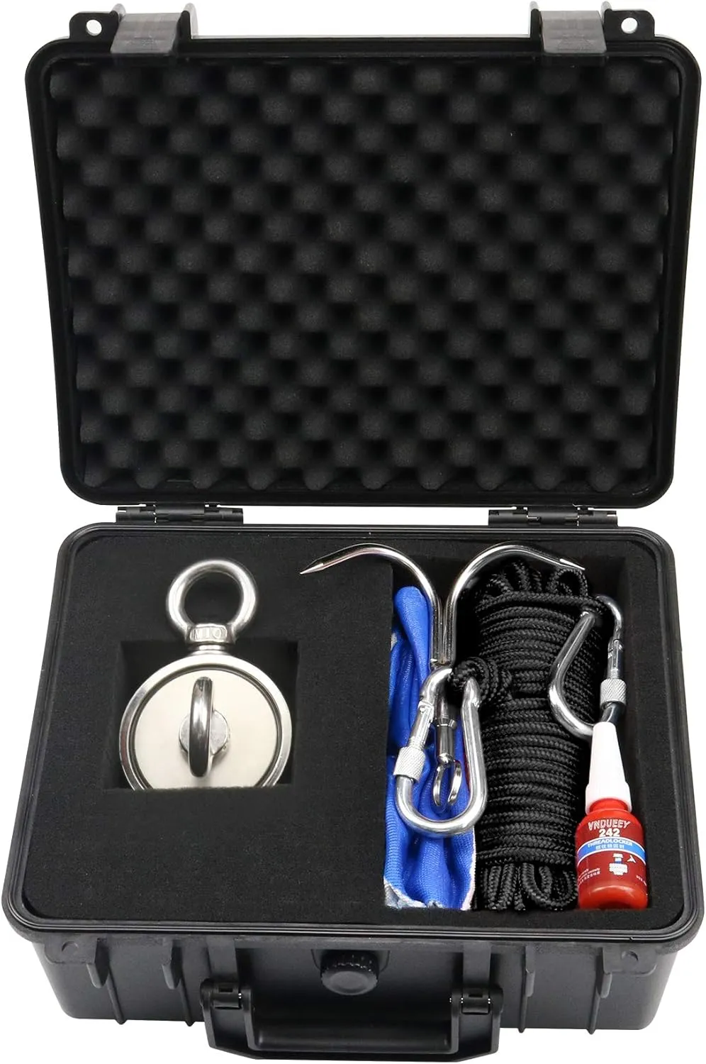 VNDUEEY Fishing Magnet Kit, Fishing Magnets 1000 LBS Pulling-Includes Grappling Hook, Heavy Duty 65FT Rope, Gloves & Locking Carabiner - 2.95inch Diameter