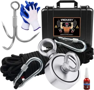 VNDUEEY Fishing Magnet Kit, Fishing Magnets 1000 LBS Pulling-Includes Grappling Hook, Heavy Duty 65FT Rope, Gloves & Locking Carabiner - 2.95inch Diameter