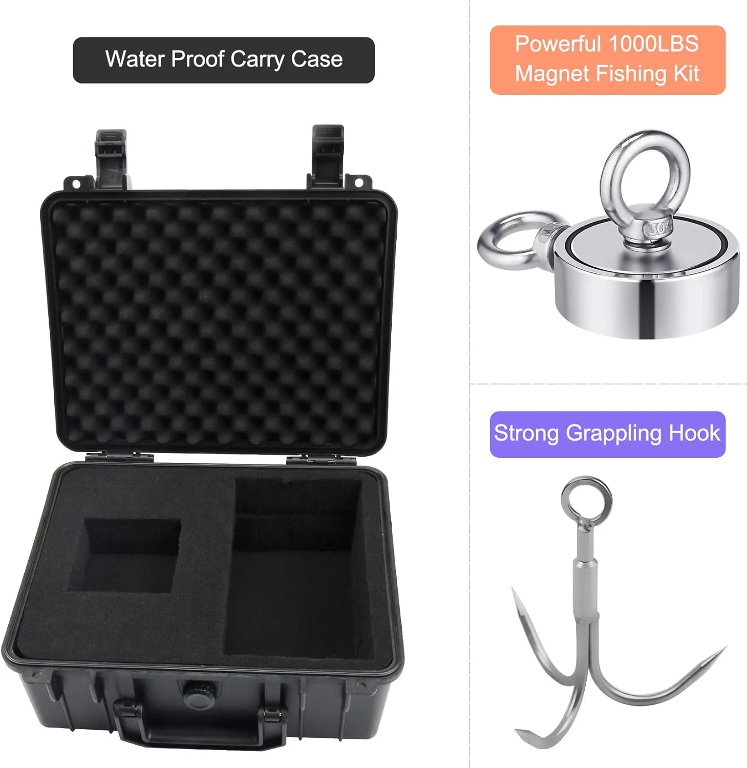 VNDUEEY Fishing Magnet Kit, Fishing Magnets 1000 LBS Pulling-Includes Grappling Hook, Heavy Duty 65FT Rope, Gloves & Locking Carabiner - 2.95inch Diameter