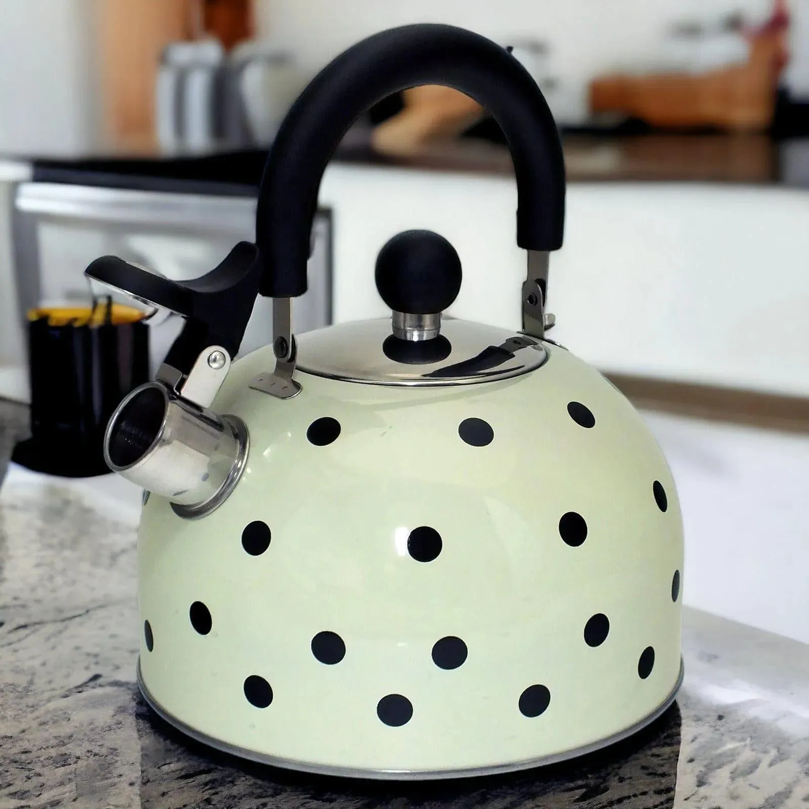 Voche 2.5 Litre Stainless Steel Whistling Stovetopv Kettle | Cream with Black Polka Dots
