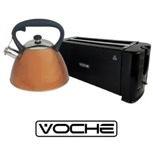 VOCHE COPPER 3LTR STAINLESS STEEL WHISTLING KETTLE AND 4 SLICE 1300W TOASTER SET