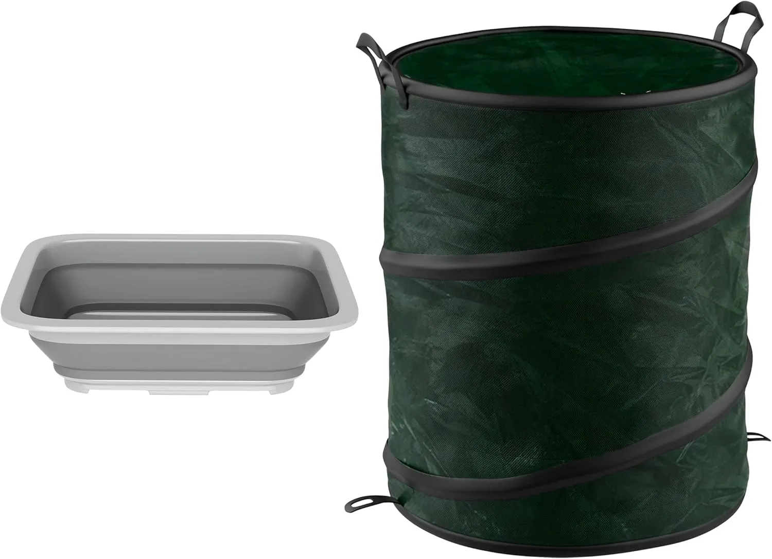 Wakeman Collapsible Trash Can and Camp Sink Set - 29.5-Gallon Garbage Bin and 7-Liter Wash Basin - Camping Accessories Outdoors (Gray and Green)