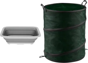 Wakeman Collapsible Trash Can and Camp Sink Set - 29.5-Gallon Garbage Bin and 7-Liter Wash Basin - Camping Accessories Outdoors (Gray and Green)