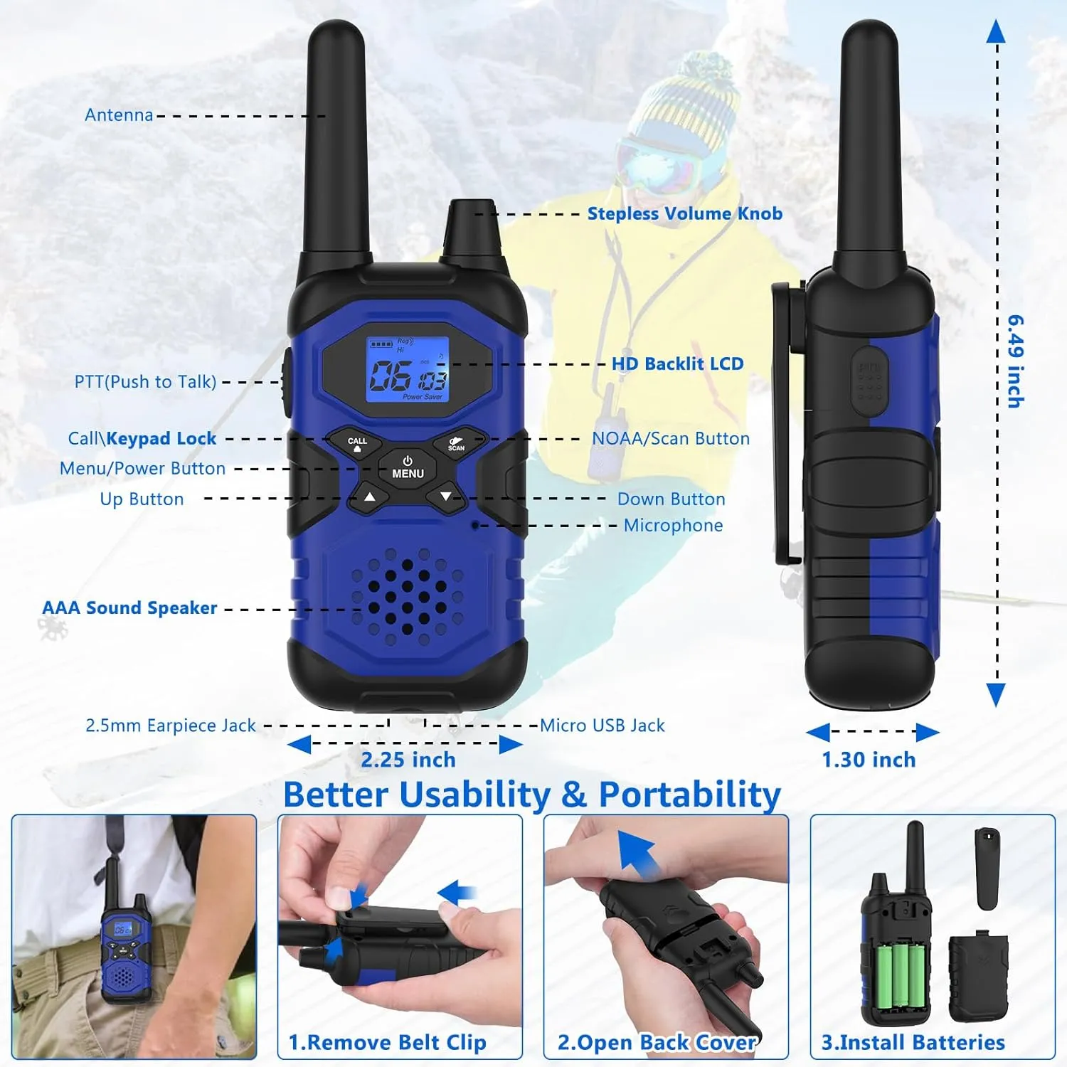 Walkie Talkies for Adults Rechargeable Walkie-Talkie Long Range 3 Pack, Multi-purpose NOAA 2 Way Radios with 4500mAh Battery USB Lanyards for Family Office School Camping Hiking Skiing Cruises