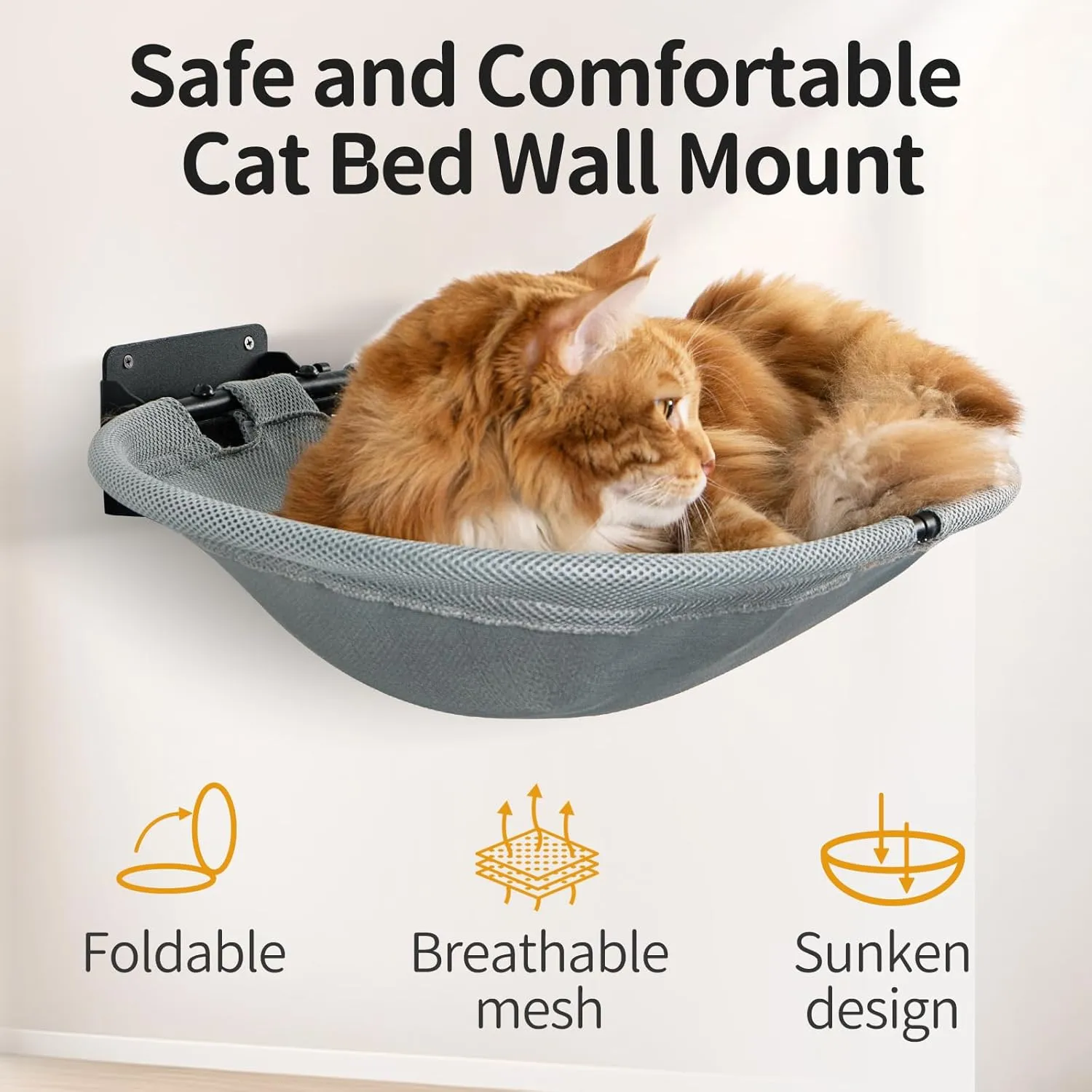 Wall Mounted Cat Hammock, Foldable Cat Bed with Breathable Fabric, Large, Holds Up to 30 lbs for Sleeping, Playing, Climbing and Lounging