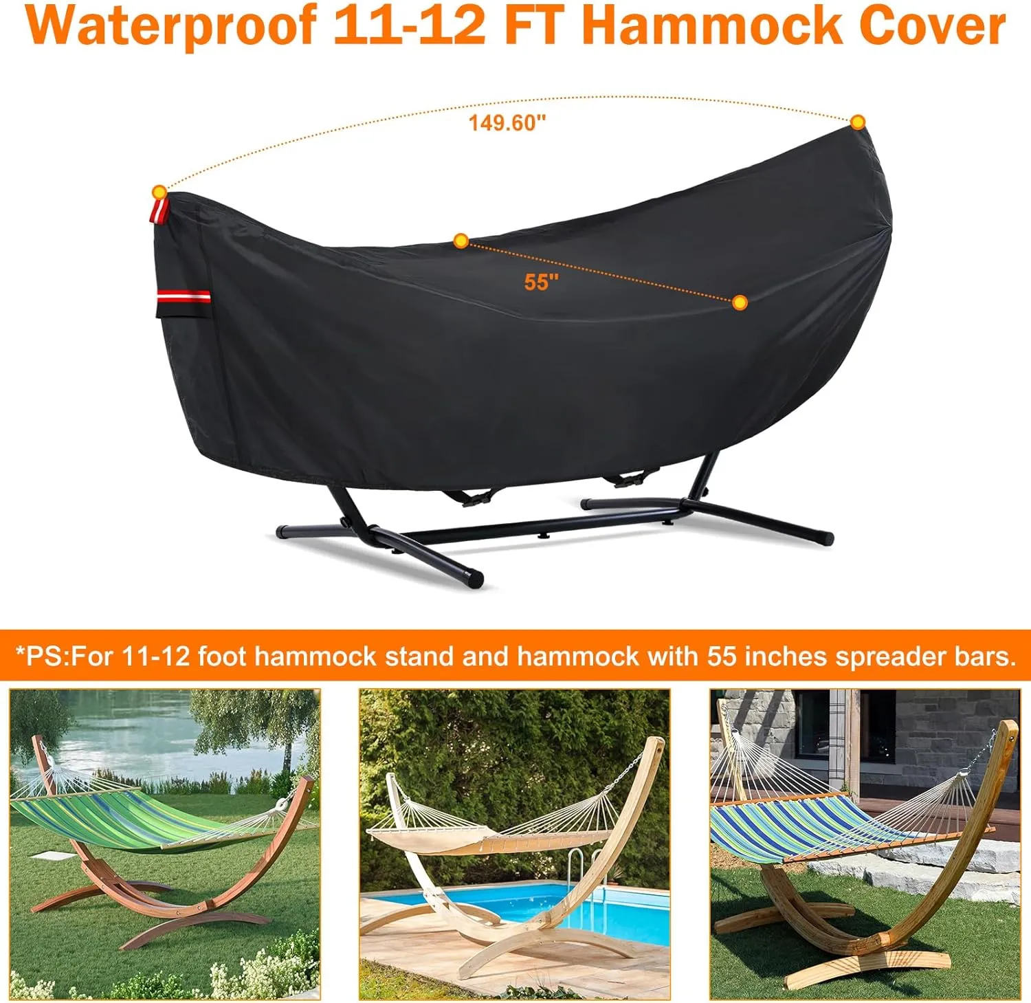 Waterproof 11-12 FT Hammock Cover, 210T Sun Rain UV Dust Snow Protection Outdoor Hammock Covers with Windproof Straps & Soft Cotton Lining for 11-12ft Stand