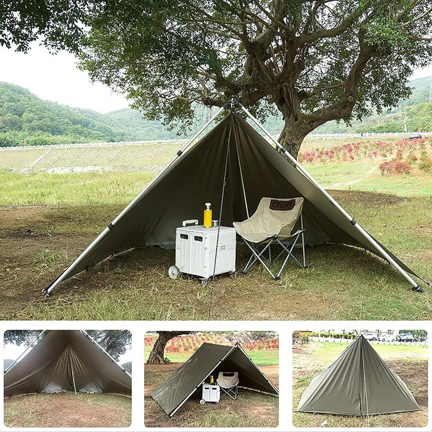 Waterproof Camping Tarp 4 x 4m, Camping Hammock Rain Fly, Ultralight Sunscreen Awning Canopy with Silver Coating, for Backpacking Hiking Travel and Outdoor Adventure