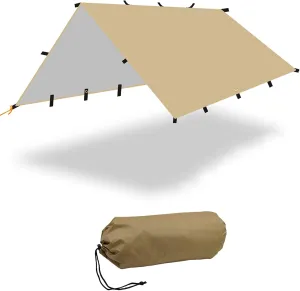 Waterproof Camping Tarp 4 x 4m, Camping Hammock Rain Fly, Ultralight Sunscreen Awning Canopy with Silver Coating, for Backpacking Hiking Travel and Outdoor Adventure