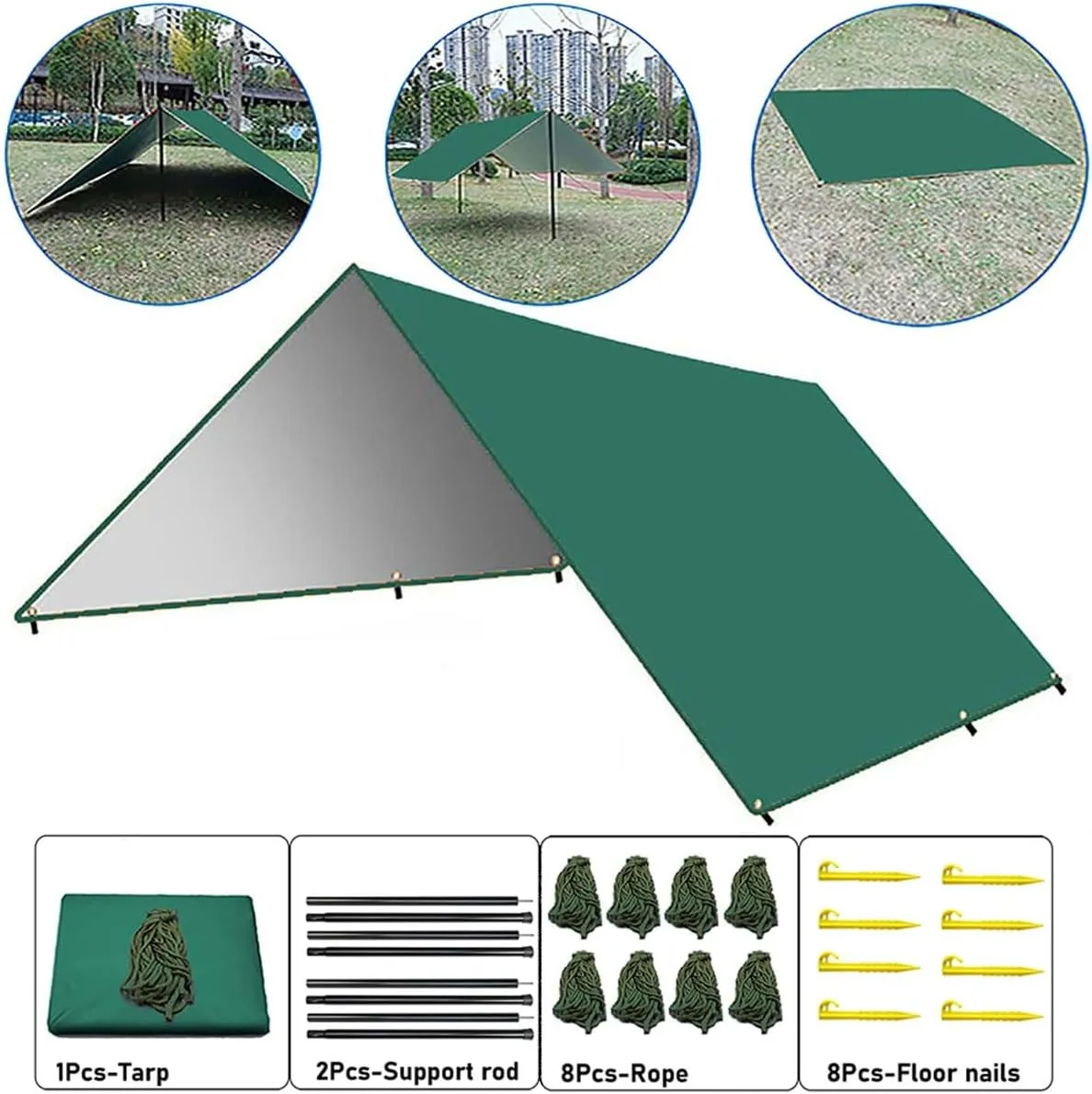 Waterproof Camping Tarp Sunshade UV Protection Lightweight Outdoor Adventure Hiking Camping Backpacking Picnic Tent Tarp(Green Set,3m x 5m)