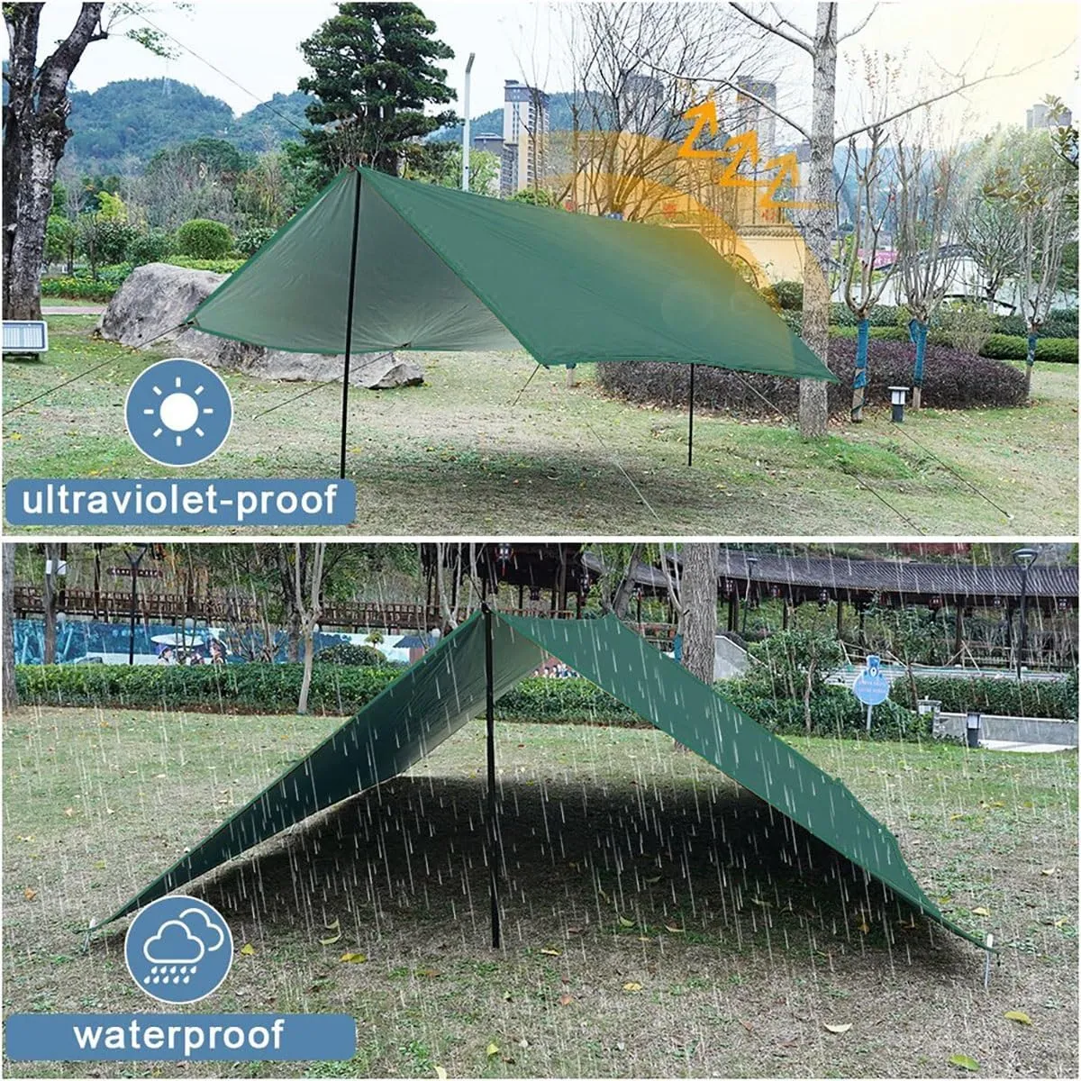 Waterproof Camping Tarp Sunshade UV Protection Lightweight Outdoor Adventure Hiking Camping Backpacking Picnic Tent Tarp(Green Set,3m x 5m)