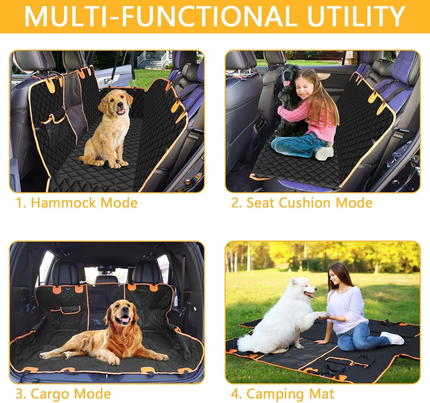 Waterproof Dog Car Seat Cover for Back Seat: Suitable for Small and Large Dogs, Large Size Hammock and Pet Protector, Backseat Protector for Cars (Yellow, Standard (54" W x 58" L))