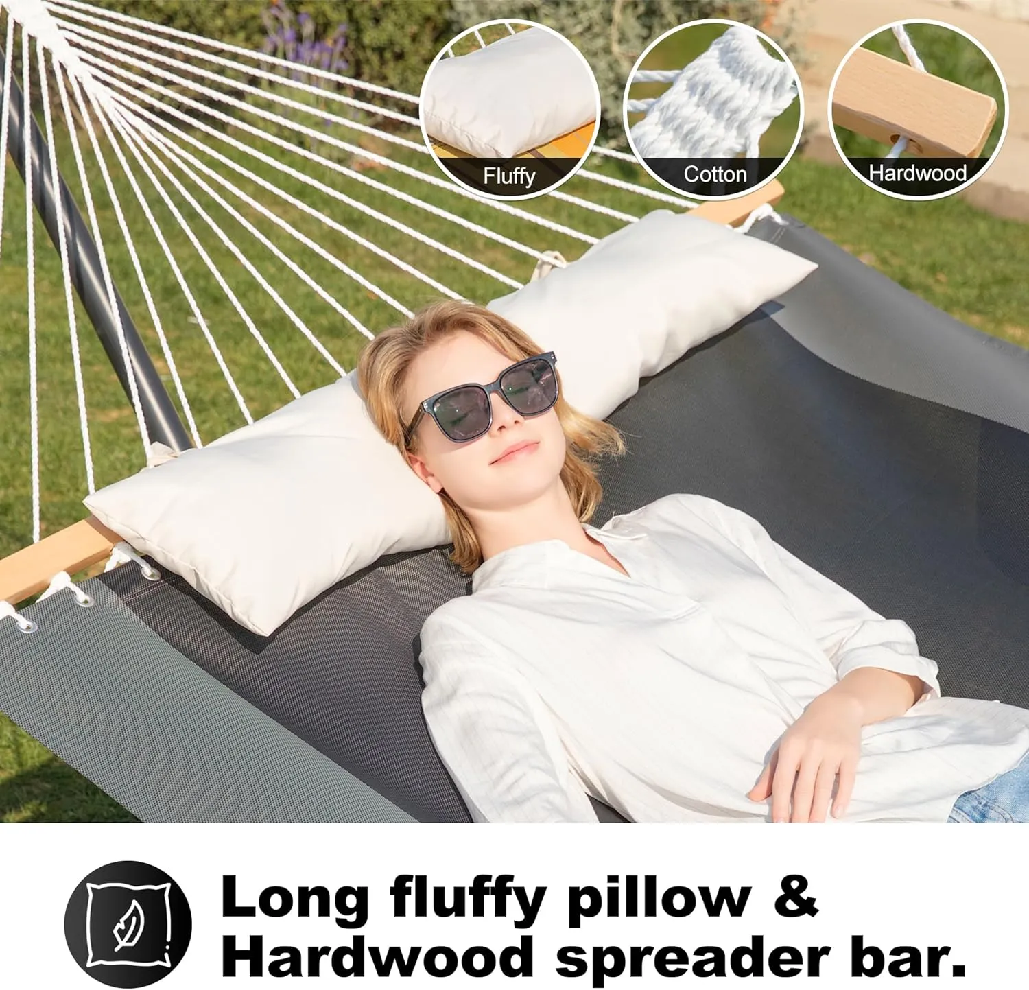 Waterproof Double Hammock with Stand for Outside Heavy Duty, 2 Person 55'' Large Quick Dry Textilene Hammocks with Hardwood Spreader Bar, Pillow, Pockets, 475lbs Capacity (Gray & Black)