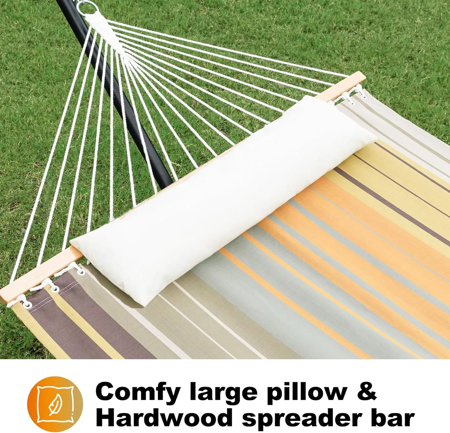 Waterproof Double Hammock with Stand for Outside Heavy Duty, 2 Person 55'' Large Quick Dry Textilene Hammocks with Hardwood Spreader Bar, Pillow, Pockets, for Outdoor, 475lbs Capacity (Coffee)