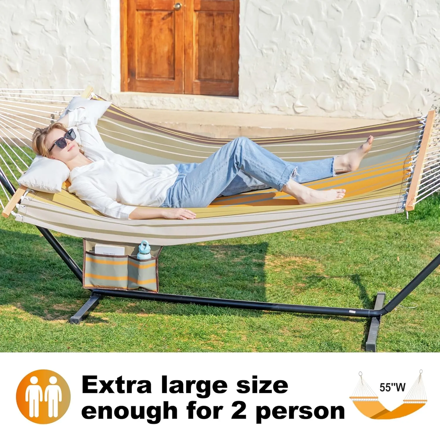 Waterproof Double Hammock with Stand for Outside Heavy Duty, 2 Person 55'' Large Quick Dry Textilene Hammocks with Hardwood Spreader Bar, Pillow, Pockets, for Outdoor, 475lbs Capacity (Coffee)