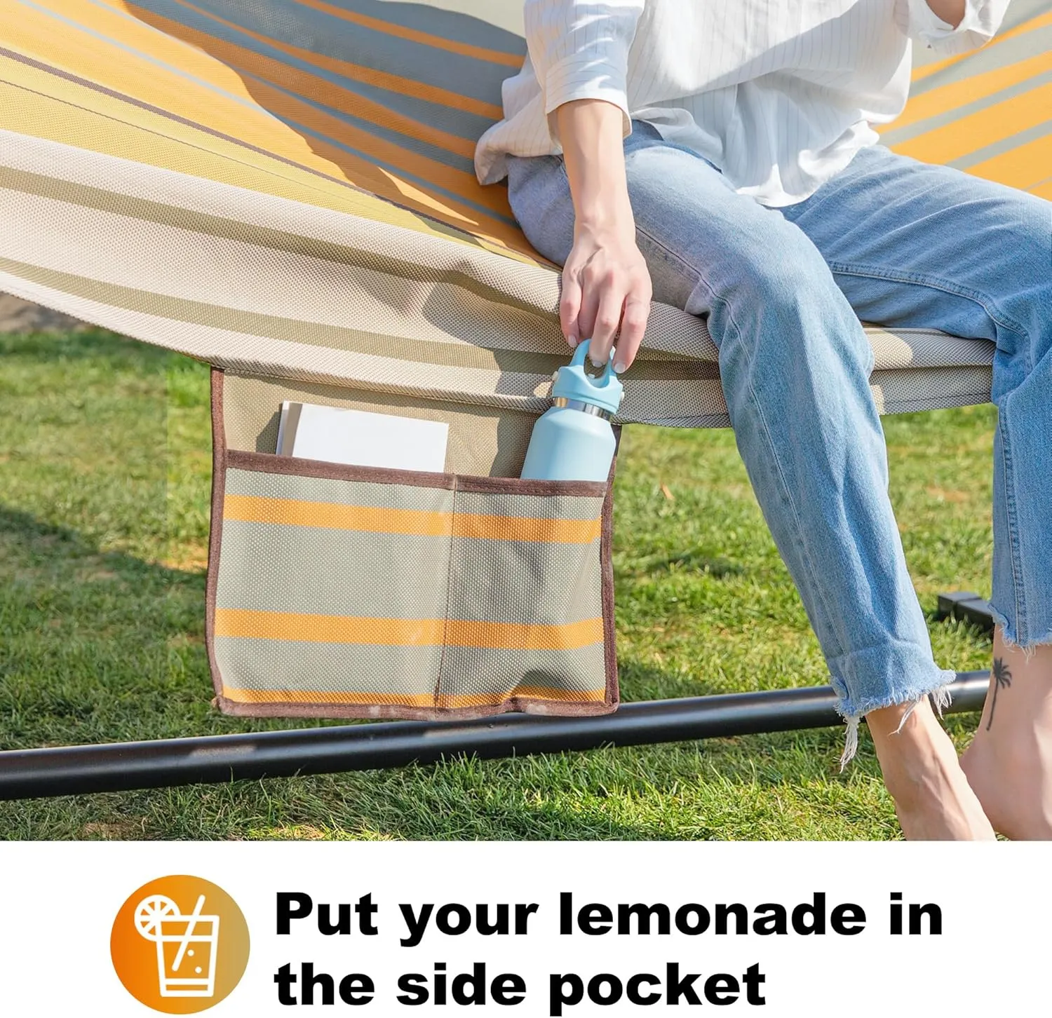 Waterproof Double Hammock with Stand for Outside Heavy Duty, 2 Person 55'' Large Quick Dry Textilene Hammocks with Hardwood Spreader Bar, Pillow, Pockets, for Outdoor, 475lbs Capacity (Coffee)