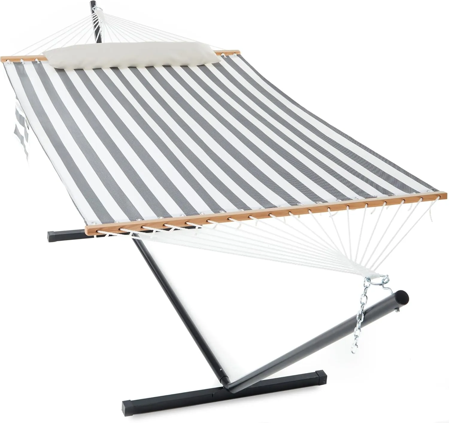 Waterproof Double Hammock with Stand for Outside Heavy Duty, 2 Person 55'' Large Quick Dry Textilene Hammocks with Hardwood Spreader Bar, Pillow, Side Pocket, 475lbs Capacity (Black & White)