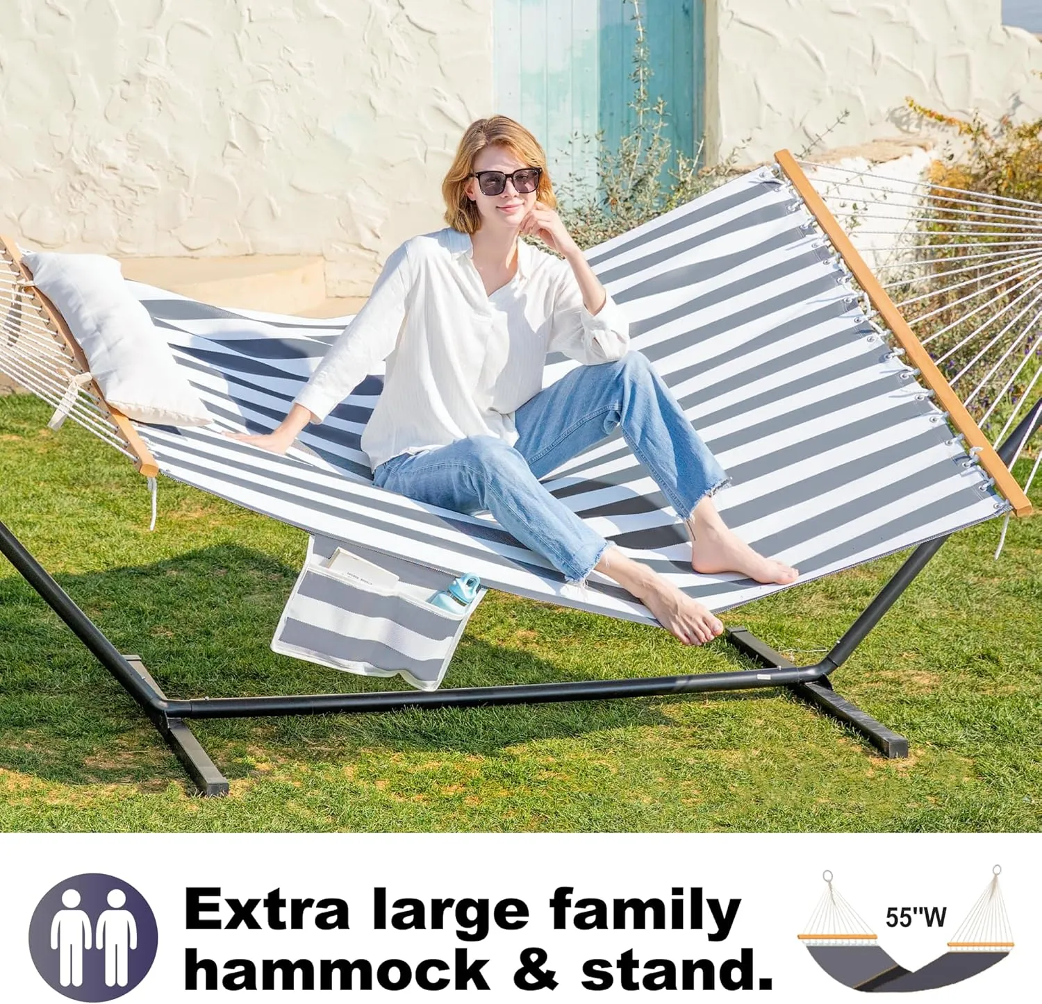 Waterproof Double Hammock with Stand for Outside Heavy Duty, 2 Person 55'' Large Quick Dry Textilene Hammocks with Hardwood Spreader Bar, Pillow, Side Pocket, 475lbs Capacity (Black & White)