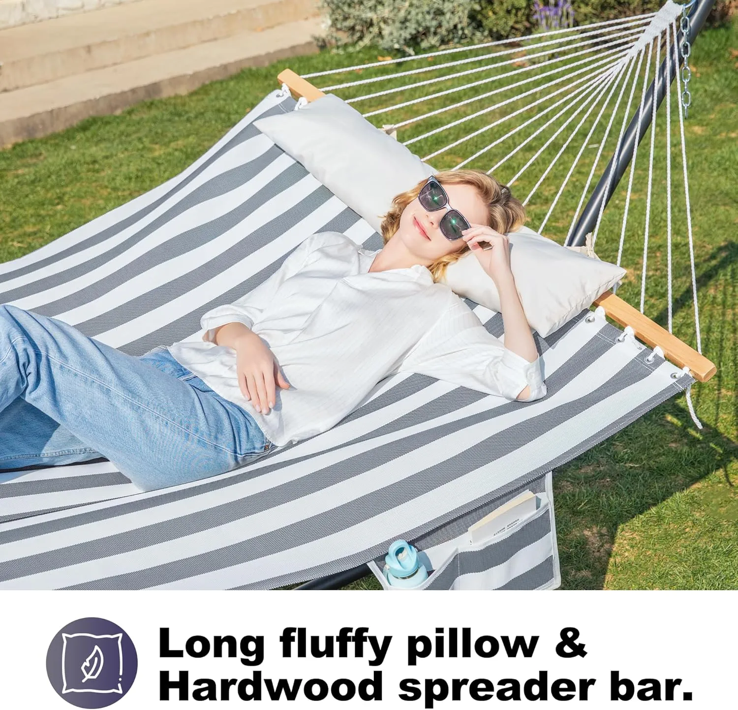 Waterproof Double Hammock with Stand for Outside Heavy Duty, 2 Person 55'' Large Quick Dry Textilene Hammocks with Hardwood Spreader Bar, Pillow, Side Pocket, 475lbs Capacity (Black & White)