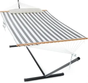 Waterproof Double Hammock with Stand for Outside Heavy Duty, 2 Person 55'' Large Quick Dry Textilene Hammocks with Hardwood Spreader Bar, Pillow, Side Pocket, 475lbs Capacity (Black & White)