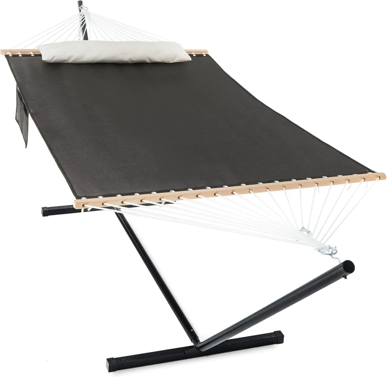 Waterproof Double Hammock with Stand for Outside Heavy Duty, 2 Person 55'' Large Quick Dry Textilene Hammocks with Hardwood Spreader Bar, Pillow, Side Pocket, 475lbs Capacity (Glorious Black)