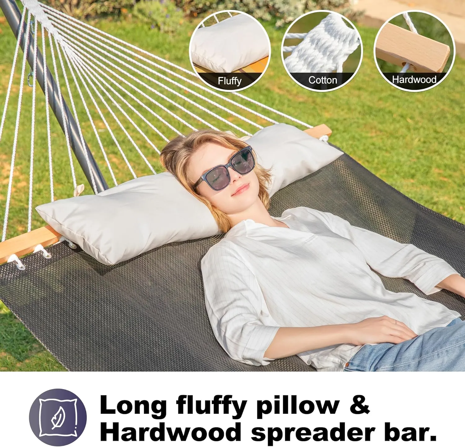 Waterproof Double Hammock with Stand for Outside Heavy Duty, 2 Person 55'' Large Quick Dry Textilene Hammocks with Hardwood Spreader Bar, Pillow, Side Pocket, 475lbs Capacity (Glorious Black)