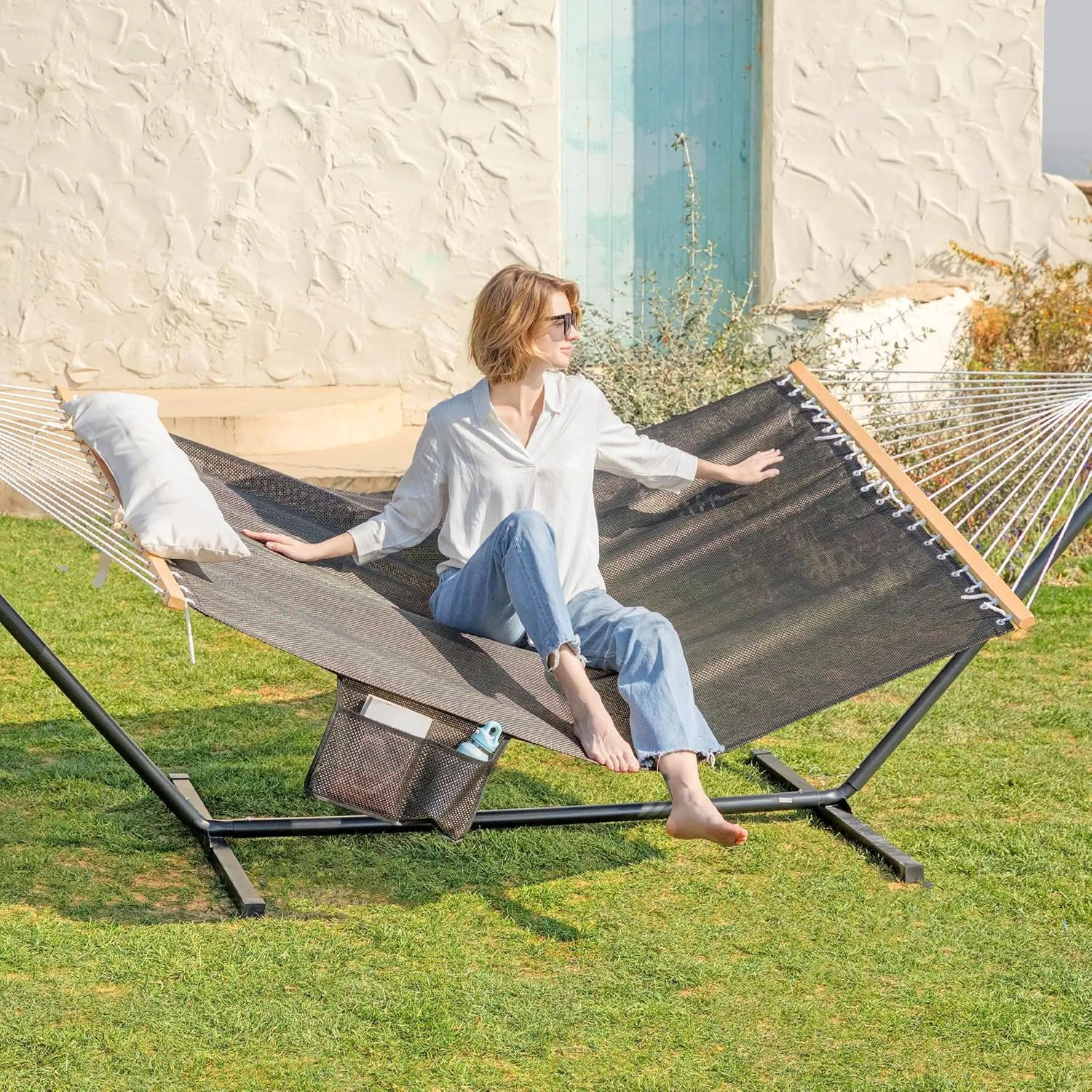Waterproof Double Hammock with Stand for Outside Heavy Duty, 2 Person 55'' Large Quick Dry Textilene Hammocks with Hardwood Spreader Bar, Pillow, Side Pocket, 475lbs Capacity (Glorious Black)