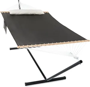 Waterproof Double Hammock with Stand for Outside Heavy Duty, 2 Person 55'' Large Quick Dry Textilene Hammocks with Hardwood Spreader Bar, Pillow, Side Pocket, 475lbs Capacity (Glorious Black)