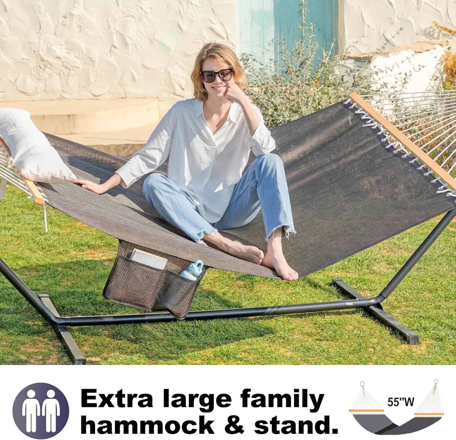 Waterproof Double Hammock with Stand for Outside Heavy Duty, 2 Person 55'' Large Quick Dry Textilene Hammocks with Hardwood Spreader Bar, Pillow, Side Pocket, 475lbs Capacity (Glorious Black)