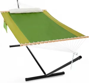 Waterproof Double Hammock with Stand for Outside Heavy Duty, 2 Person 55'' Large Quick Dry Textilene Hammocks with Hardwood Spreader Bar, Pillow, Side Pocket, 475lbs Capacity (Jungle Green)