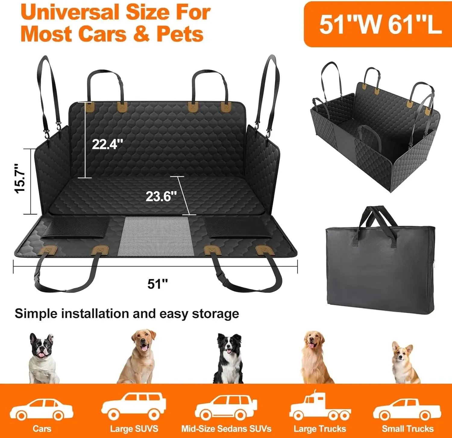 Waterproof Foldable Dog Car Seat Hammock with Trunk Mat and Safety Back Seat Protector