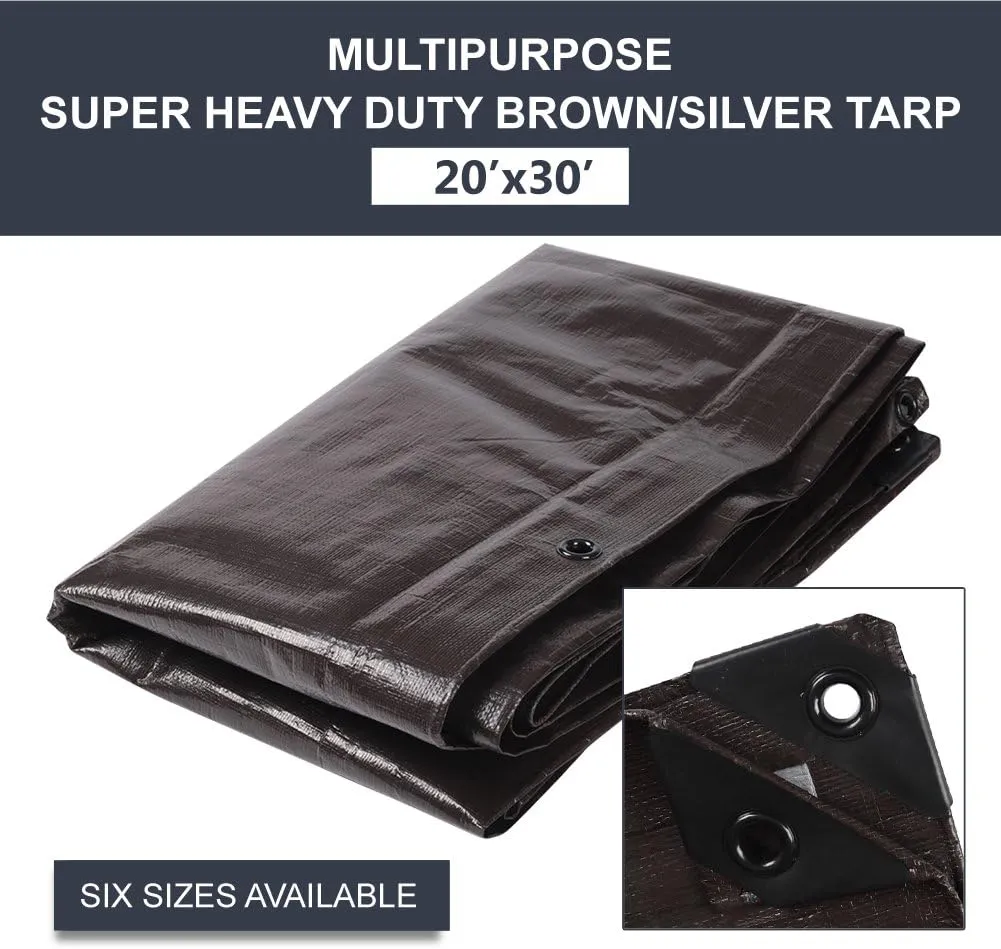 Waterproof Tarps Heavy Duty 9 Mil Thick Rain Covers Drop Cloths Camping Tents Colored Tarps- Perfect for Shelter, Shade 20'x30' Brown/Silver
