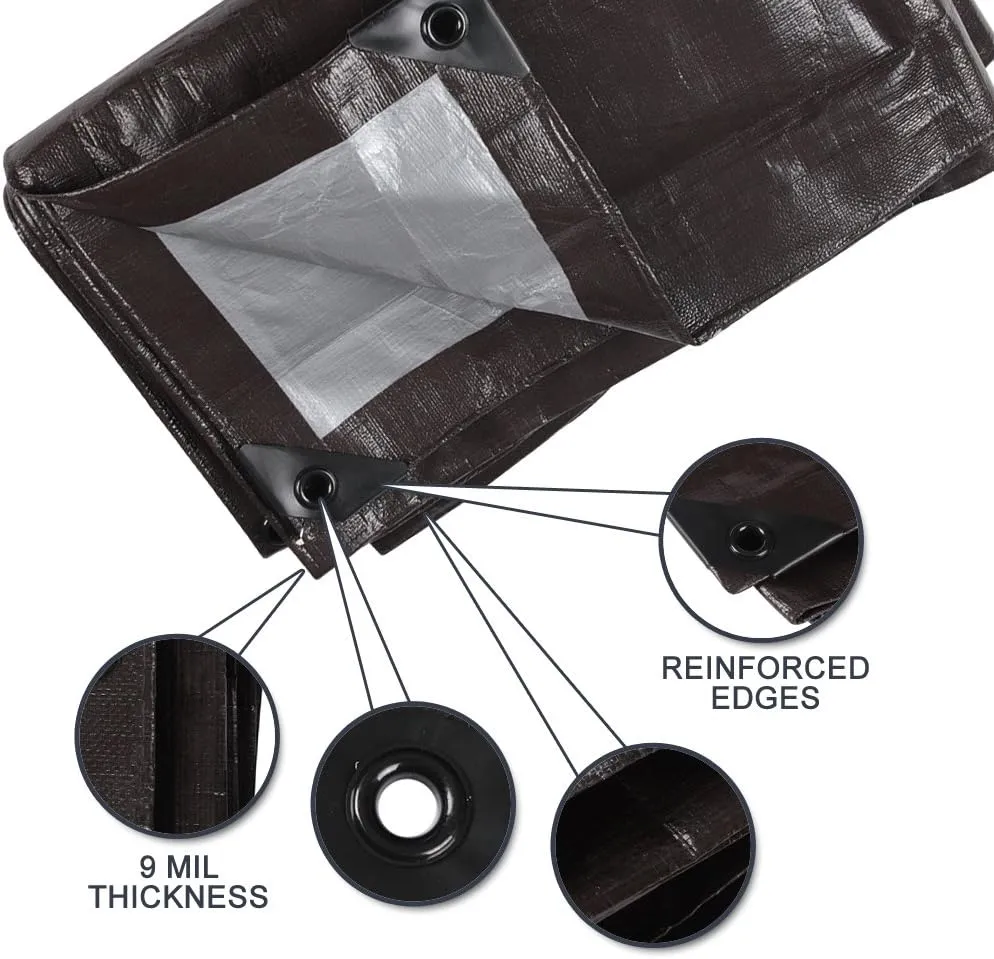 Waterproof Tarps Heavy Duty 9 Mil Thick Rain Covers Drop Cloths Camping Tents Colored Tarps- Perfect for Shelter, Shade 20'x30' Brown/Silver