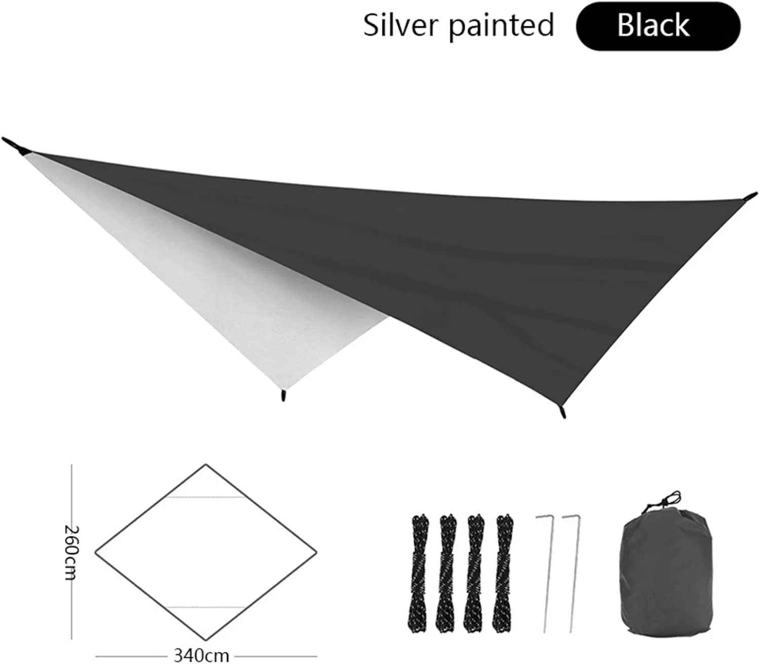 Watertight Tarp Tent Shade Outdoor Camping Hammock Garden Silver Coated Awning Canopy Sunshade Ultralight 340 * 260cm (Color : Black, Size : A)
