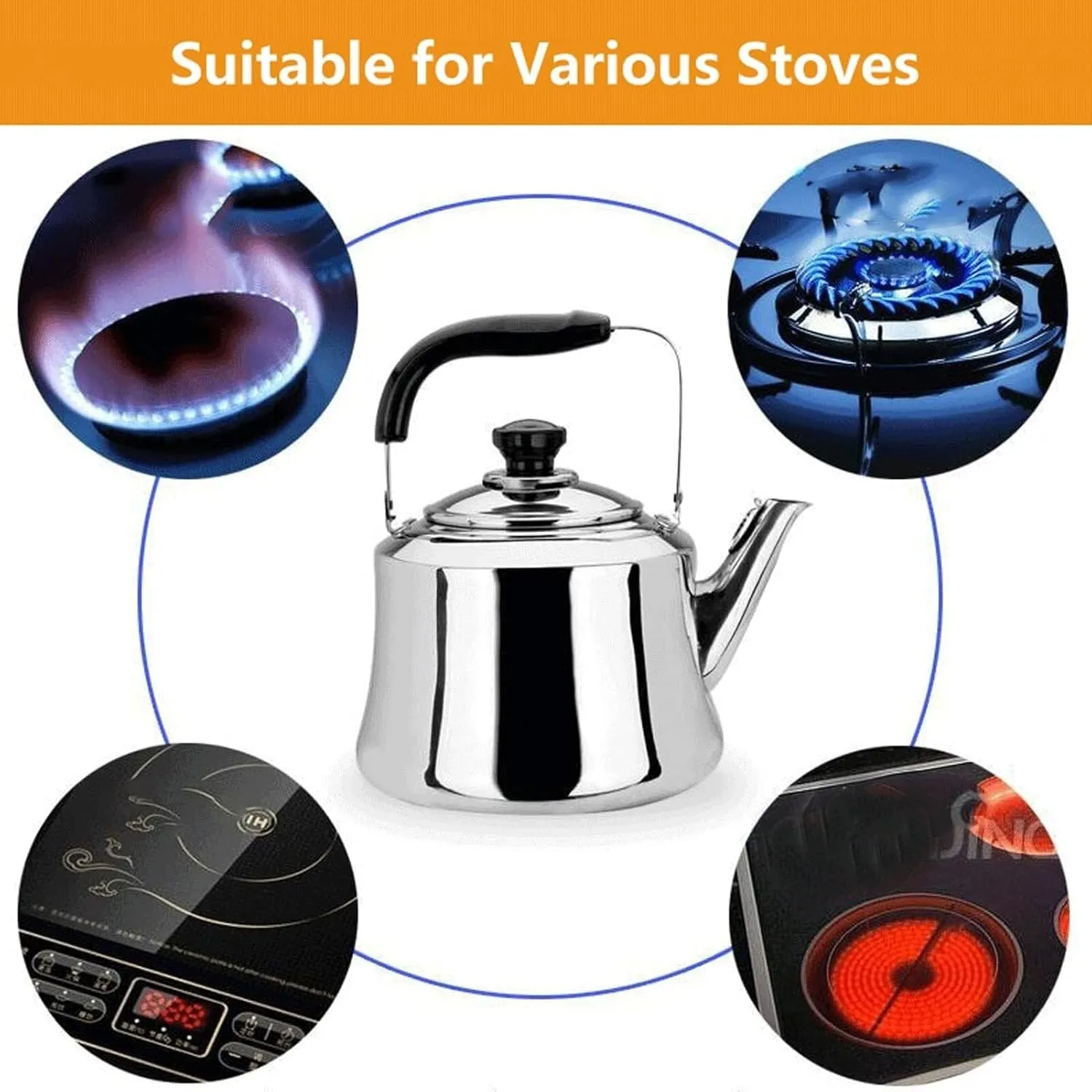 Whistling Tea Kettle, Stove Top Whistling Tea Pot, Cute Teakettles with Ergonomic Handle for Gas, Induction, Electric Stove Tops, Even Heating & Quick Boil(Orange,2 liter)