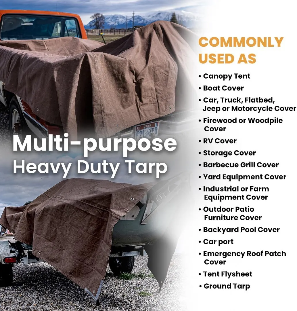 WHITEDUCK Canvas Tarp 18 oz. Heavy Duty Waterproof UV Resistant, Rustproof Grommets, Industrial & Commercial Use Cloth Tarp (Cut Size: 8'x10', Finished Size: 76x96, Olive Drab)