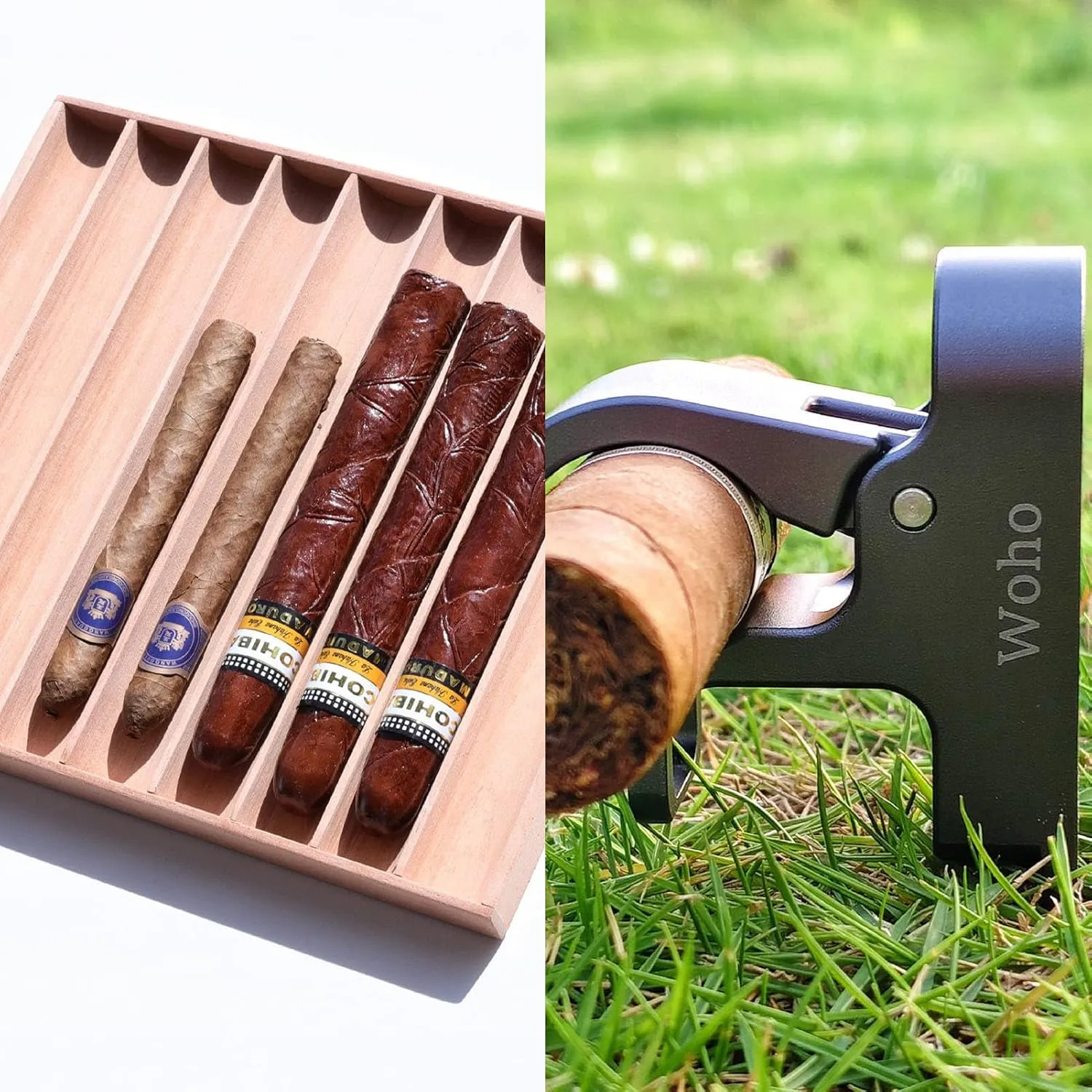 Woho Spanish Cedar Cigar Tray for Cigar Display & Sharing, Woho Magnetic Golf Cart Holder for 30-60 Rings, Aluminum Alloy Clip Holder for Golf Cart with Fork Hold Item in The Grass