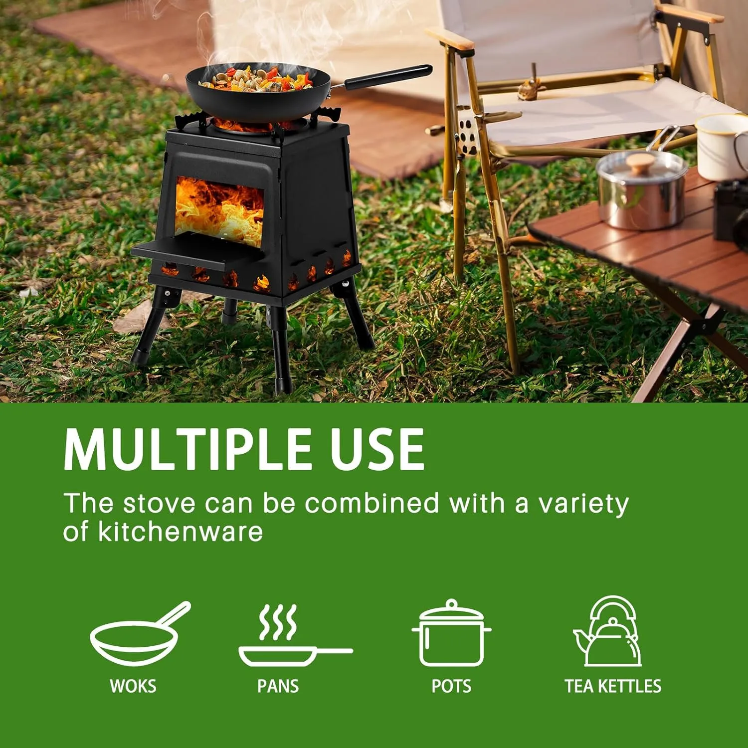 Wood Burning Camp Stove, Detachable Portable Cast Iron Camping Wood Stove for Picnic Hunting Fishing BBQ Backpacking Hiking Survival Heating Emergency Outdoor Cooking with Grill Grid Carry Bag